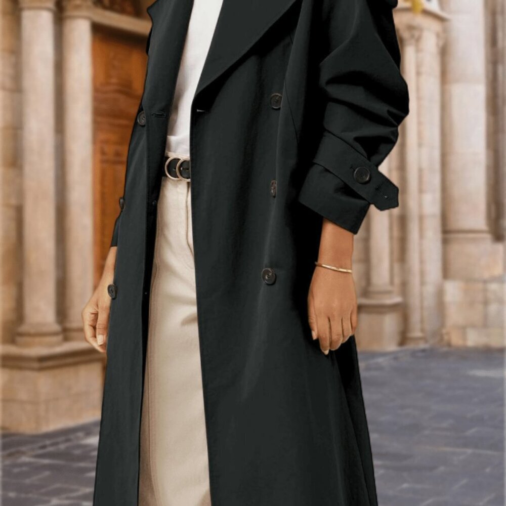 Black Elegant Women's Oversized Double Breasted Lapel Windproof Trench Coat - Picture 2 of 4